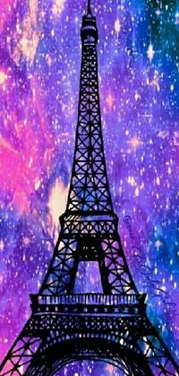 This awe-inspiring phone live wallpaper features a beautiful painting of the Eiffel Tower set against a vibrant digital backdrop of space in a unique digital art style