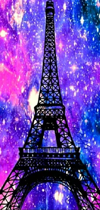 This stunning live wallpaper features a breathtaking painting of the Eiffel Tower in a futuristic purple and black color scheme