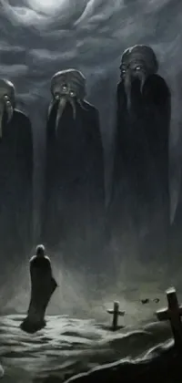 This dark and gothic inspired live wallpaper depicts a group of people standing before an ominous and dark sky