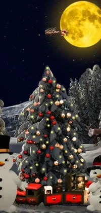 This live wallpaper depicts a serene winter landscape as a group of snowmen gather next to a beautifully lit Christmas tree