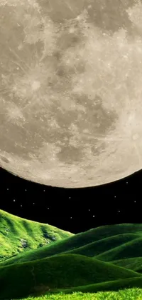 This phone live wallpaper features a digital rendering of a surreal full moon in outer space, situated above rolling green hills