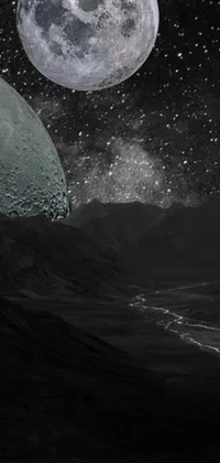 This phone live wallpaper showcases a stunning black and white photograph of a full moon against an awe-inspiring space art painting as the backdrop