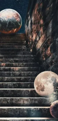 This phone live wallpaper is a stunning piece of surreal digital art that features a stairway leading up to the moon in all its glory