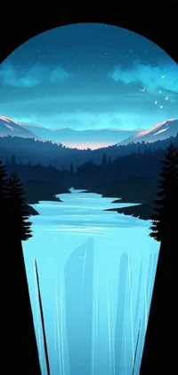 This live wallpaper features a serene lake with mountains behind it, inspired by vector art