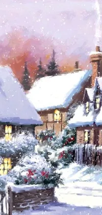 This live wallpaper is a stunning painting of a snowy village street at night, complete with a glowing church in the background