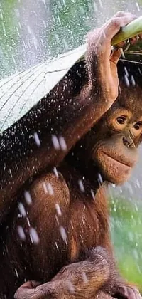 This lively phone wallpaper features a charming orangutan monkey enjoying a rainy day while holding an umbrella