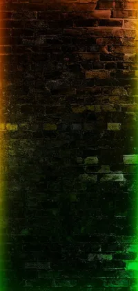 This live phone wallpaper showcases a red fire hydrant in front of a brick wall with a gradient black green gold background in neon light