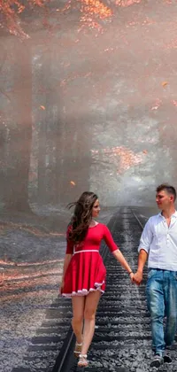 Experience the magic of this romantic live wallpaper! Immerse yourself in the photorealistic art depicting a couple walking down a train track set against a misty forest backdrop