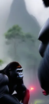 This phone live wallpaper showcases a powerful gorilla resting on a beautiful green field
