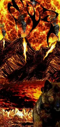 Looking for a striking live wallpaper for your phone? Check out this design featuring a bear sitting in the dirt, with a fiery background of mount doom and glitchy sun