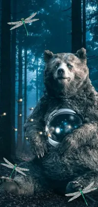 This live phone wallpaper features a bear in a space suit exploring a surreal forest environment
