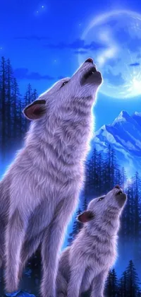 This beautiful iPhone live wallpaper features a stunning digital art painting of two wolves howling at the moon in wolf pack solidarity