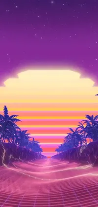 This live wallpaper boasts a serene sunset scene with palm trees in the foreground, inspired by concept art and tumblr