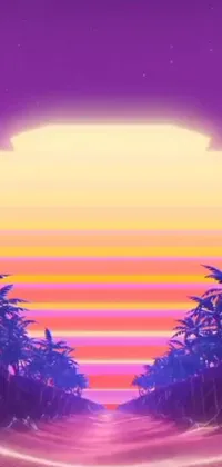 This phone live wallpaper captures a picturesque sunset scene with palm trees in the foreground
