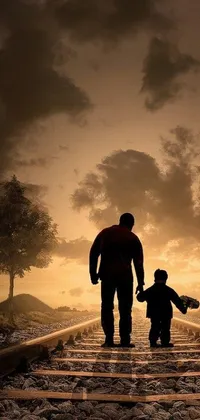 This is a stunning live wallpaper for your phone featuring a conceptual art image of a man and child standing on a train track