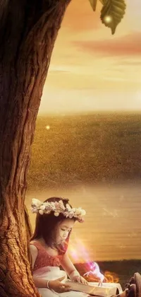 This mobile live wallpaper features a stunning digital art piece of a little girl lost in a captivating story, sitting under a tree beside a river