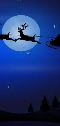 This is a stunning live phone wallpaper featuring a delightful scene of Santa Claus flying his sleigh in front of a gorgeous full moon, set against a beautifully designed digital art style