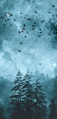 This live wallpaper boasts a captivating full moon with dark trees silhouetted in the forefront