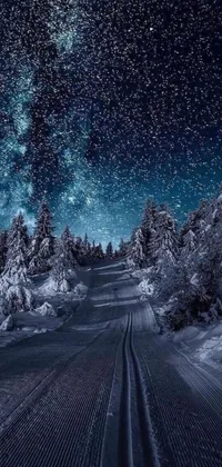 This phone live wallpaper features a serene, snowy forest road with skies painted in gorgeous space art