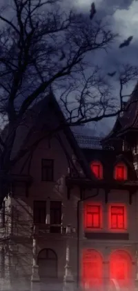 This live wallpaper displays a gothic-inspired, digital rendering of a eerie mansion located in a foggy and dense forest