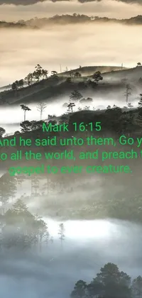 This riveting phone live wallpaper depicts a lush green forest with a misty environment and an inspiring message, urging the viewer to spread hope