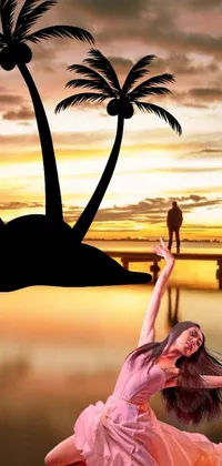 This stunning phone live wallpaper features a beautiful beach scene with a woman dancing under tall palm trees against a warm sunset backdrop