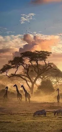 This phone live wallpaper showcases a herd of giraffe grazing on a grassy savannah field as the sun sets in the distance