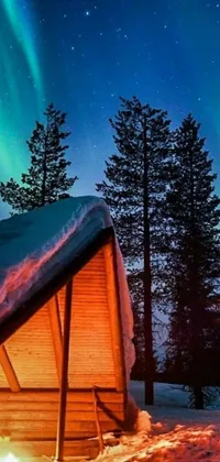 This stunning live wallpaper features a picturesque cabin in the snow, surrounded by the radiant aurora lights
