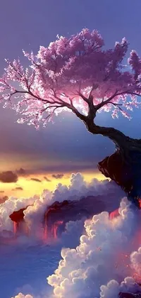 This live wallpaper for your phone showcases a beautiful fantasy landscape featuring a grand tree on top of a cliff