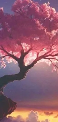 This mobile phone live wallpaper showcases a stunning image of a tree on a rocky cliff, featuring soothing shades of pink
