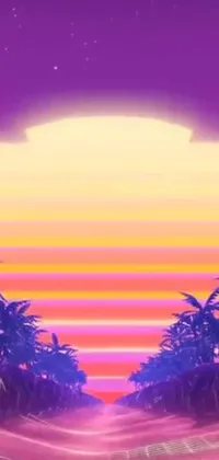 This phone live wallpaper depicts a beautiful sunset scene with tall palm trees in the foreground