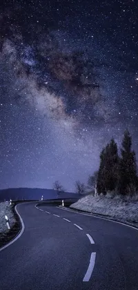 This phone live wallpaper features a serene night scene with a curved road, empty in the middle, bordered by trees and bushes