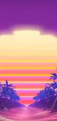 This beautiful phone live wallpaper features a tropical sunset scene with palm trees in the foreground