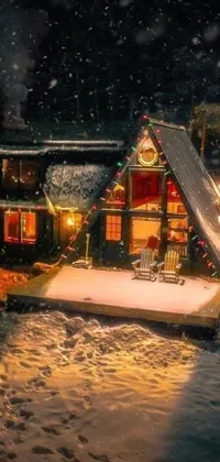 This phone live wallpaper depicts a cozy house adorned with vibrant Christmas lights in a snowy landscape