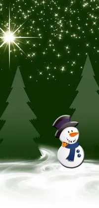 This phone live wallpaper showcases a digital art snowman in a snowy landscape with trees and stars background