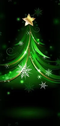This live phone wallpaper boasts a festive, green Christmas tree decorated with snowflakes and stars, set against a dark, snowy backdrop