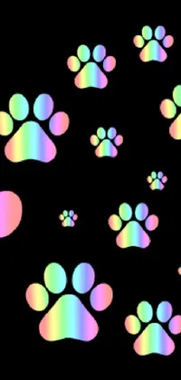 This live phone wallpaper features colorful paw prints on a black background