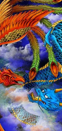 This live phone wallpaper features a stunning airbrushed painting of two powerful dragons engaged in an epic battle