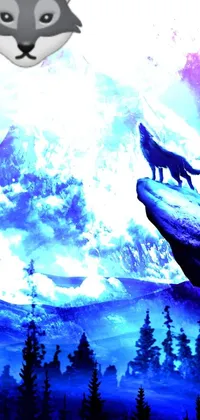 This phone wallpaper features a fierce wolf standing on a cliff next to a forest in shades of blue and purple