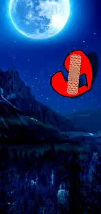 This red heart phone live wallpaper features a mountain and full moon in the background