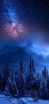 This stunning live wallpaper features a snowy field, mountain, and nearby forest under a breathtaking night sky of twinkling stars