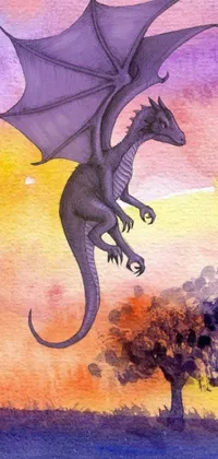 This phone live wallpaper showcases a breathtaking watercolor painting of a dragon flying against a stunning violet and yellow sunset