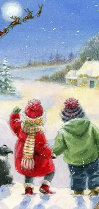 This live wallpaper showcases a digital painting of two kids and a dog having fun in the snow
