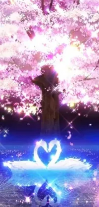 This live wallpaper captures a romantic scene of swans floating on a serene lake, with a sakura tree in the background