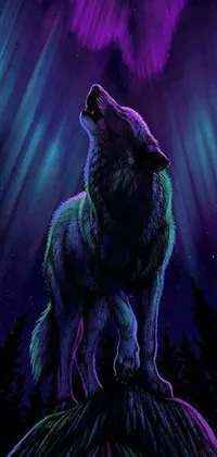 This live wallpaper features a stunning artistic depiction of a wolf standing on a hill under a captivating purple sky