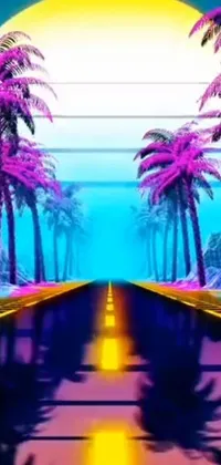 Get ready to immerse yourself in a stunning sunset scene with palm trees, roads, and neon lights with this live wallpaper