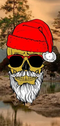 This live wallpaper features a skull donning a Santa hat and sunglasses against a colorful background of blue and green hues