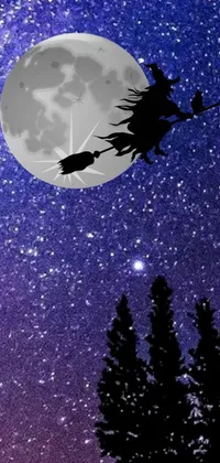 This phone live wallpaper features a captivating silhouette of a witch flying on a broom in front of a full moon