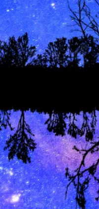 This phone live wallpaper is a stunning digital rendering of trees reflecting in a body of water