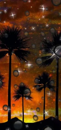 This phone live wallpaper boasts a picturesque sunset with stunning palm trees set against a digital art backdrop